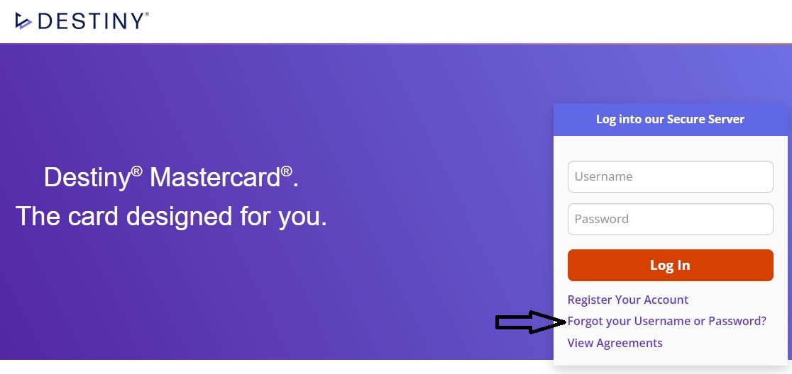 forgot destiny card login username and password